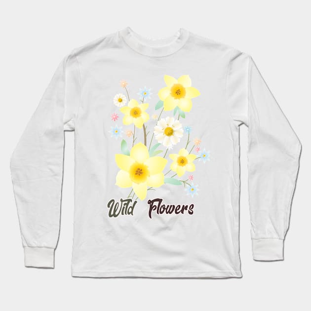 Wildflowers Watercolor Painting Pattern Beautiful Gifts, Daffodil Yellow Flowers, Floral Modern Design Spring Time Birthday, Funny Summer Anniversary, Holiday Presents for girl, for woman, kids Long Sleeve T-Shirt by sofiartmedia